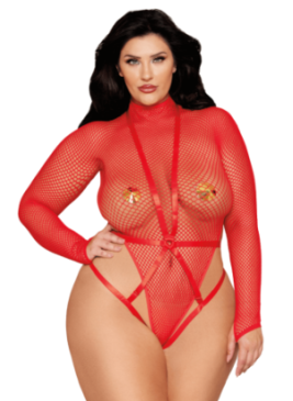 Ensemble 2 pièces grande taille, bodystring résille rouge et harnais - DG13680XRED